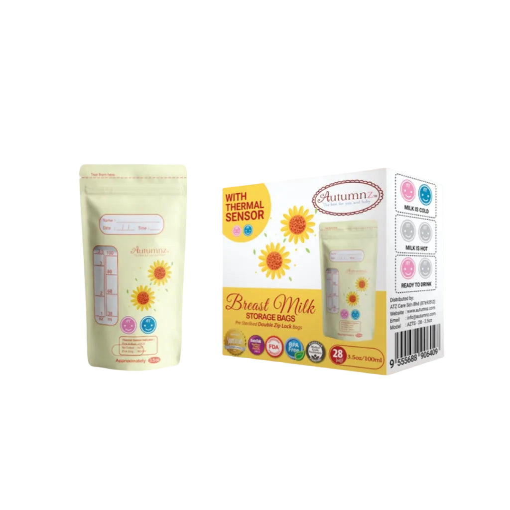 Autumnz - Double ZipLock Breastmilk Storage Bag (28 bags) with THERMAL SENSOR *3.5oz* (SUNFLOWER)