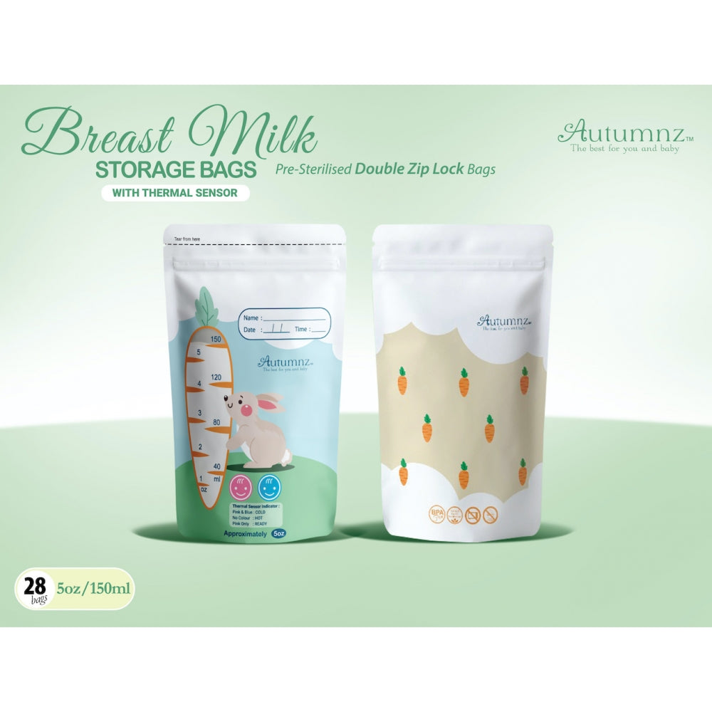Autumnz - Double ZipLock Breastmilk Storage Bag (28 bags) with THERMAL SENSOR *5oz* (BUNNY)