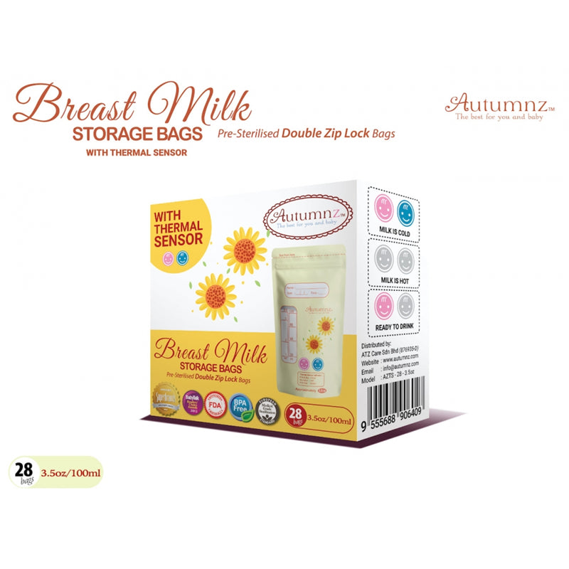 Autumnz - Double ZipLock Breastmilk Storage Bag (28 bags) with THERMAL SENSOR *3.5oz* (SUNFLOWER)